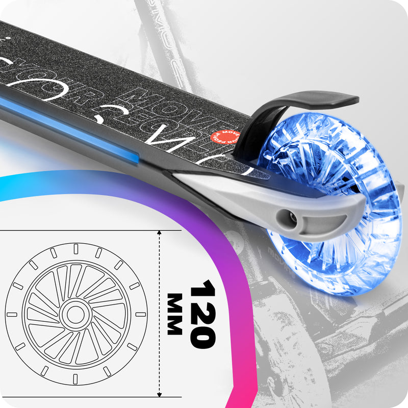 Wygodne i szybkie kółka o szerokości 120 mm z podświetleniem LED.